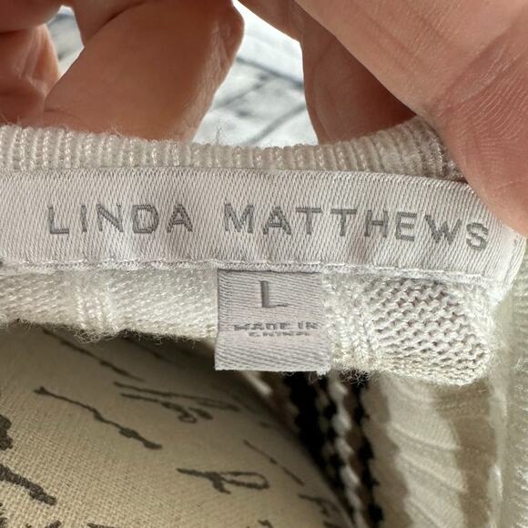 Linda Matthews Pullover Striped Sweater Black Taupe White Square Neck L - Picture 9 of 10